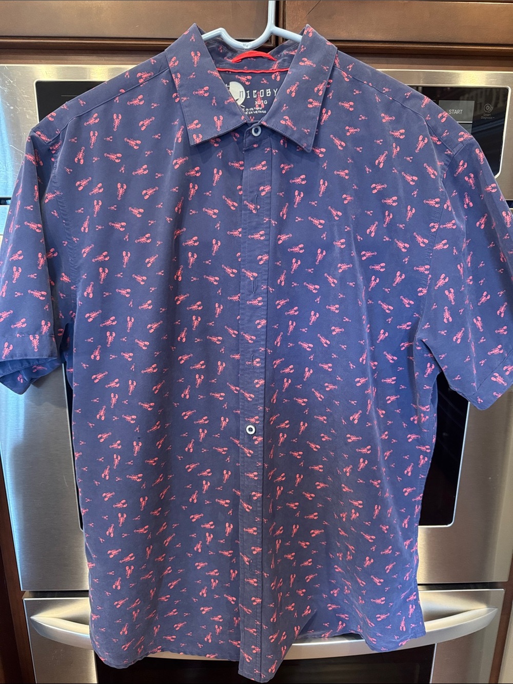 Navy Short-Sleeve Button-Down Shirt with Red Lobster Print